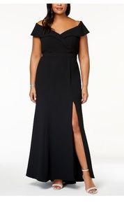 Xscape plus size off the shoulder slit gown